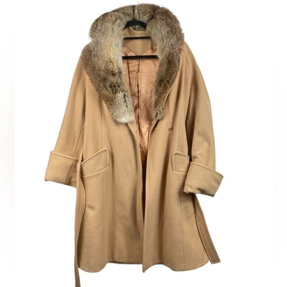 Jackie Stuart Juniors Wm’s Sz Sm Tan Wool Fur Collar Lined Tie Long Dress Coat - Picture 2 of 9